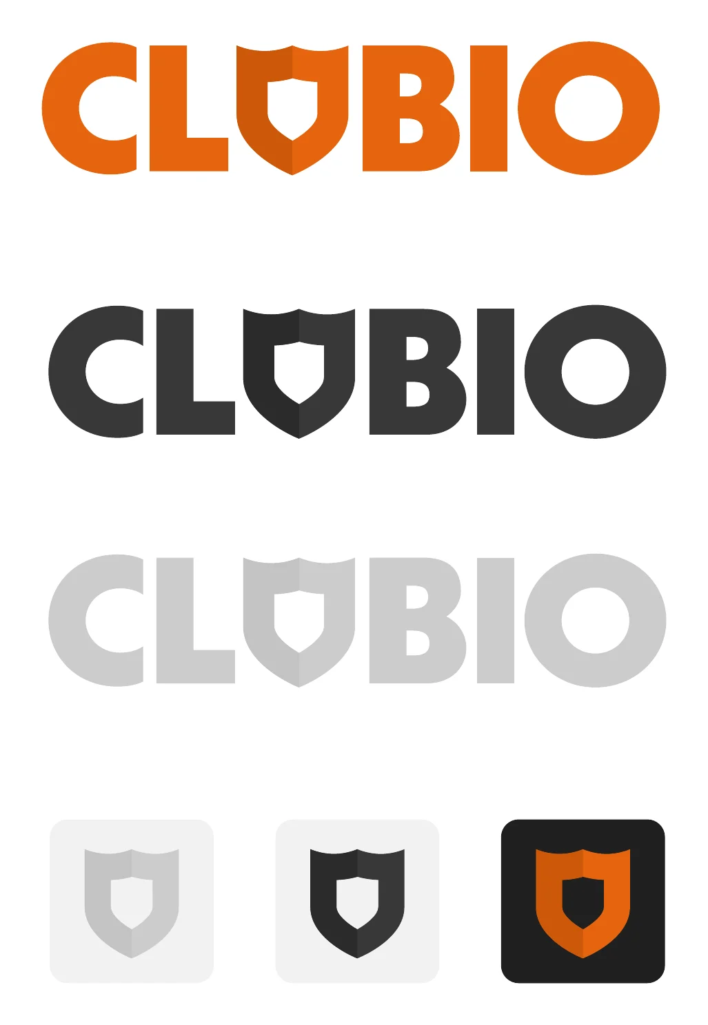 Identidade visual da Clubio — logótipo em laranja, escuro e monocromático + símbolo escudo
